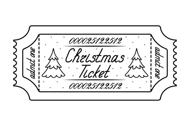 圣诞门票。一人入场。圣诞树，雪花飘落。素描矢量插画涂鸦风格图片下载