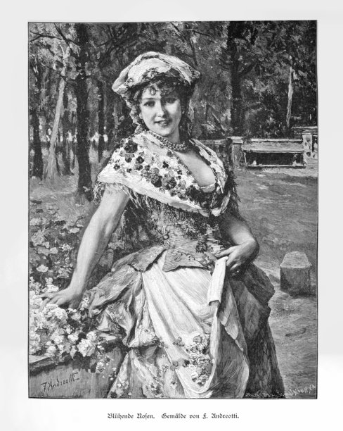 女士手持玫瑰，19世纪安德烈奥蒂“盛开的玫瑰”画作雕刻插画图片下载