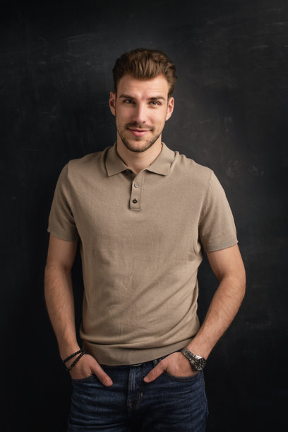 英俊的年轻男子在纯色背景前拍摄的影棚照片，留有空白空间供复制图片下载