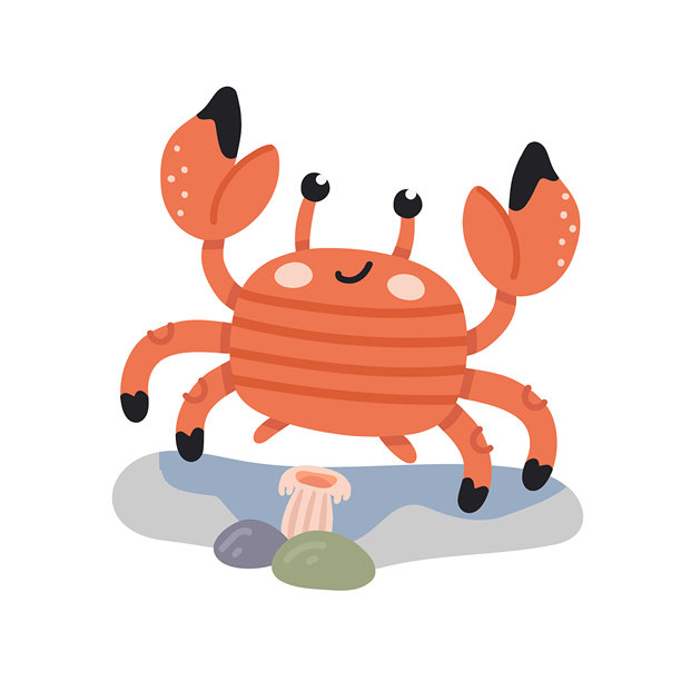 一只可爱的卡通螃蟹，长着大大的钳子，在珊瑚和岩石遍布的海底游动。扁平风格矢量插画，适用于儿童设计。图片下载