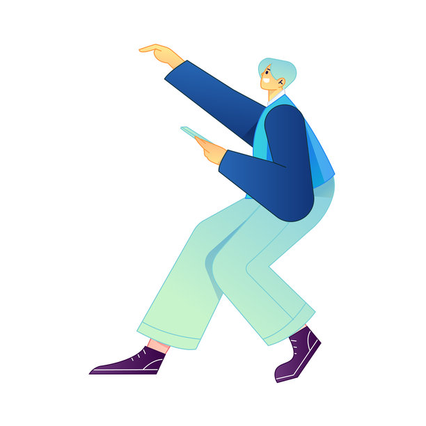 角色手持手机进行社交互动的矢量渐变插画图片下载