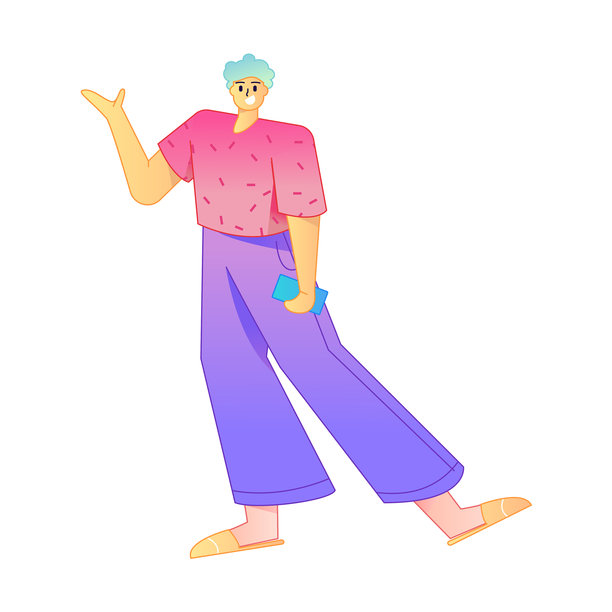 矢量渐变插画，描绘了一个角色手持手机并进行社交互动。图片下载