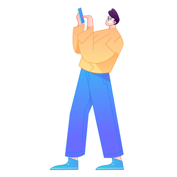 矢量渐变插画，描绘一个角色手持手机进行社交互动。图片下载
