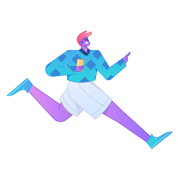 矢量渐变插画，描绘了一个角色手持手机，进行社交互动。图片下载