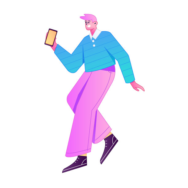 矢量渐变插画，描绘了一个角色手持手机并进行社交互动。图片下载