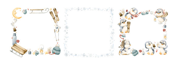 可爱的冬季乐趣相框，包含企鹅和雪花。水彩手绘插画，孤立在白色背景上，适合儿童。图片下载