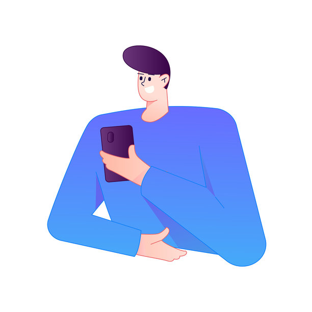 矢量渐变插画，描绘一个角色手持手机进行社交互动。图片下载