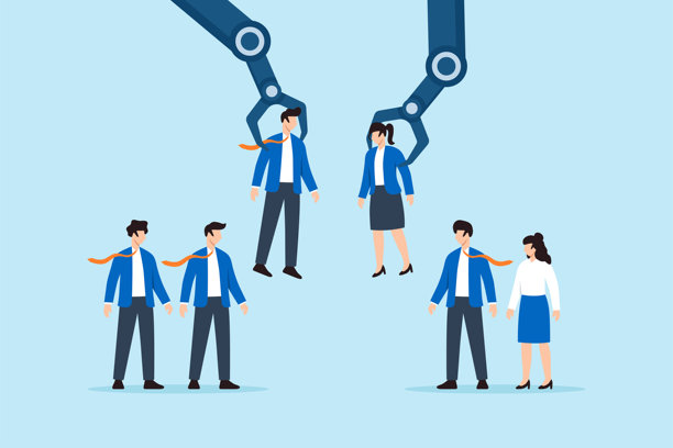 机器人手臂从人群中挑选候选人，象征着招聘自动化和人力资源技术，扁平化插画图片下载