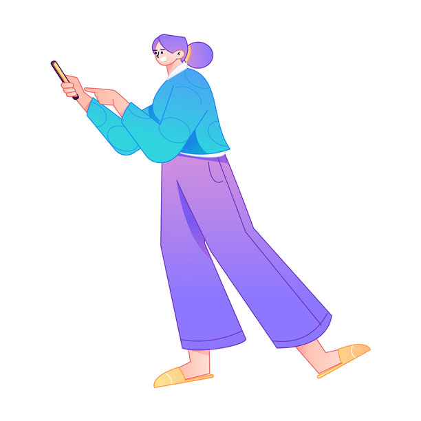 矢量渐变插画，描绘一个角色手持手机进行社交互动。图片下载