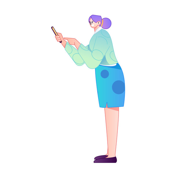 矢量渐变插画，描绘了一个角色手持手机进行社交互动。图片下载