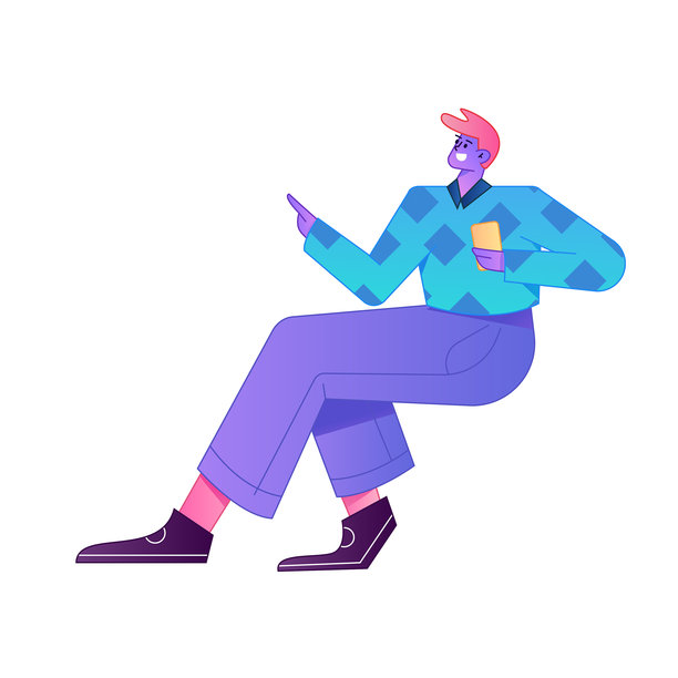 矢量渐变插画，描绘了一个角色手持手机进行社交互动。图片下载