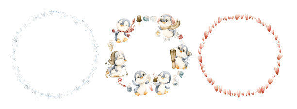 可爱的冬季花环，带有企鹅、心形和雪花。水彩手绘插画，孤立在白色背景上。图片下载