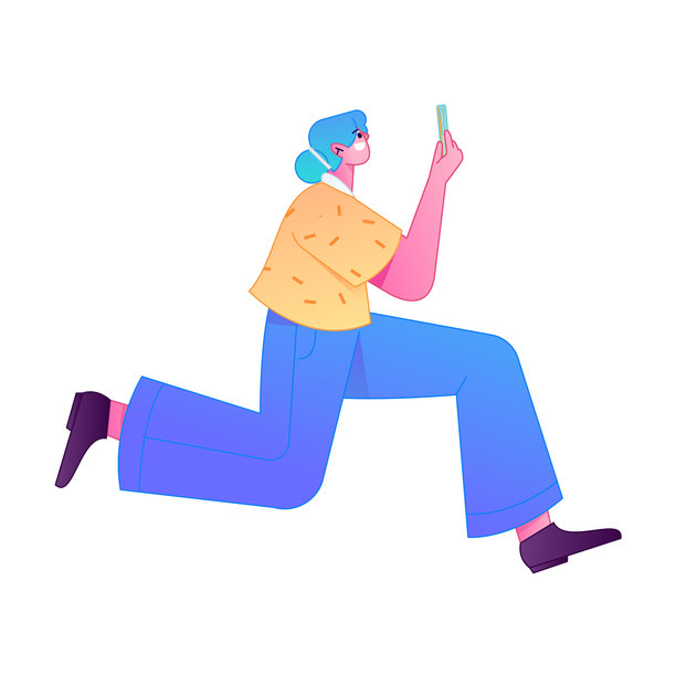 矢量渐变插画，描绘一个角色手持手机进行社交互动。图片下载