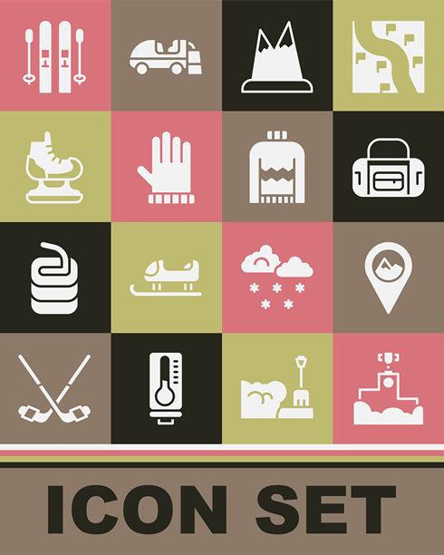 获奖者领奖台、带山脉的地点、运动包、山脉、圣诞手套、溜冰鞋、滑雪板和雪杖以及毛衣图标。矢量图图片下载