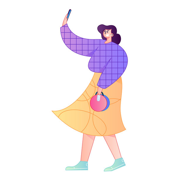 矢量渐变插画，描绘了一个角色手持手机，并进行社交互动。图片下载