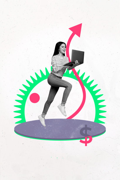 创意竖图照片艺术拼贴，描绘了快乐的女商人和男商人收到箭形美元收入和进度统计图。图片下载