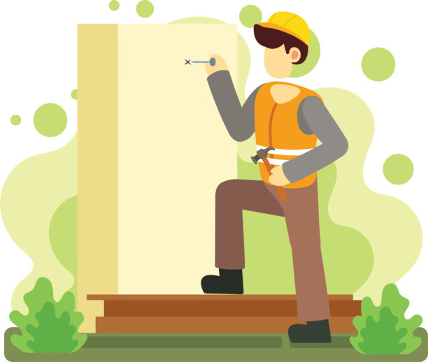 装修工人正在用锤子和钉子修理墙壁的插画图片下载