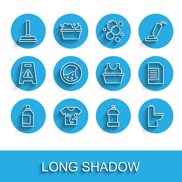 清洁剂瓶子、脏t恤、橡皮吸盘、马桶、洗衣机、洗衣粉和盆的线条图标。矢量图图片下载