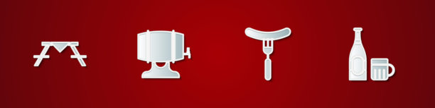 野餐桌配长凳、架子上的木桶、叉子上的香肠以及啤酒瓶和玻璃杯图标。矢量图图片下载