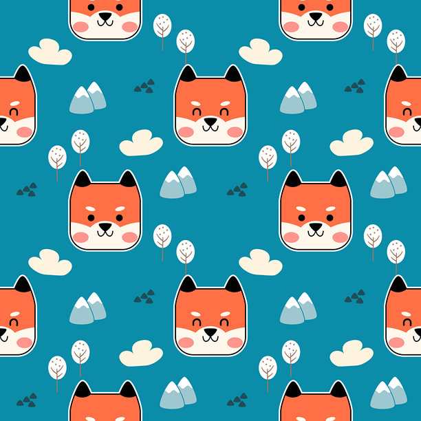 可爱的卡通狐狸微笑着，背景是山峦、云彩和树木。无缝矢量插画图案。图片下载