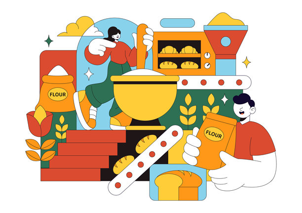 平面风格卡通背景下，以麦袋、各种面包和风车为特色的面包房产品矢量插画图片下载