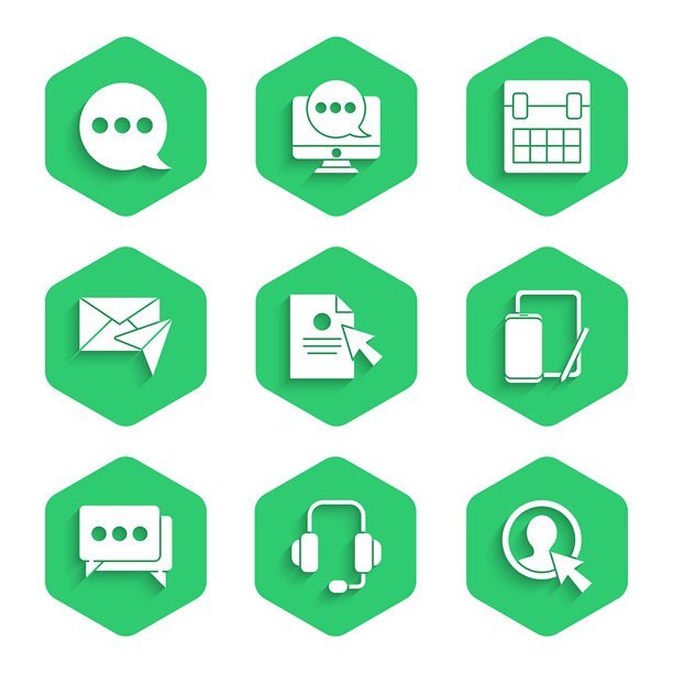 文档和光标、耳机、创建账户屏幕、平板电脑、语音聊天气泡、信封、日历和图标的集合。矢量图图片下载