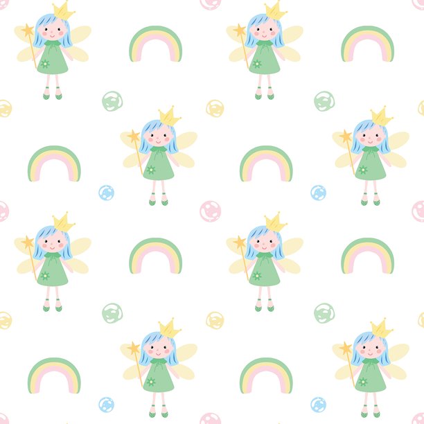 牙仙重复图案，柔和的粉彩背景。仙女和彩虹无缝图案，儿童装饰。粉彩仙女瓷砖，托儿所图案插画图片下载