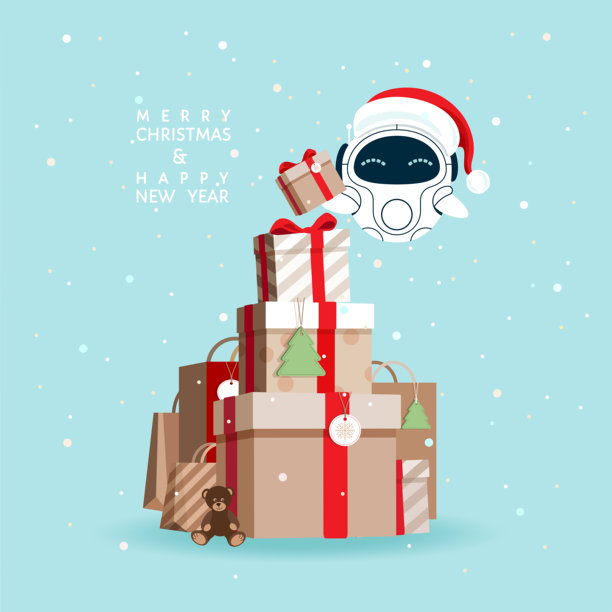 圣诞快乐，新年快乐贺卡。可爱的卡通机器人戴着圣诞帽，在雪景背景下递送堆叠成圣诞树形状的礼物盒。扁平化未来主义矢量插画。图片下载