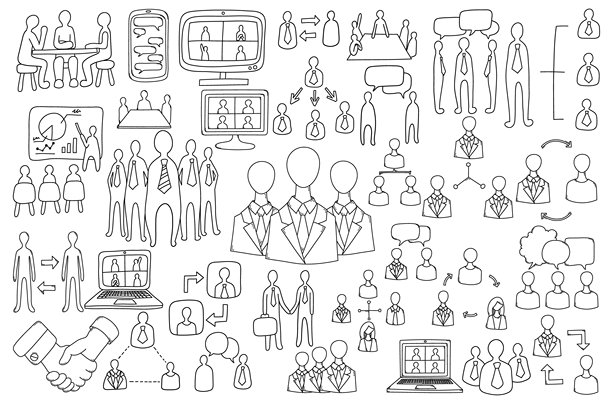 团队相关涂鸦矢量图集。手绘线条草图插画 eps10图片下载