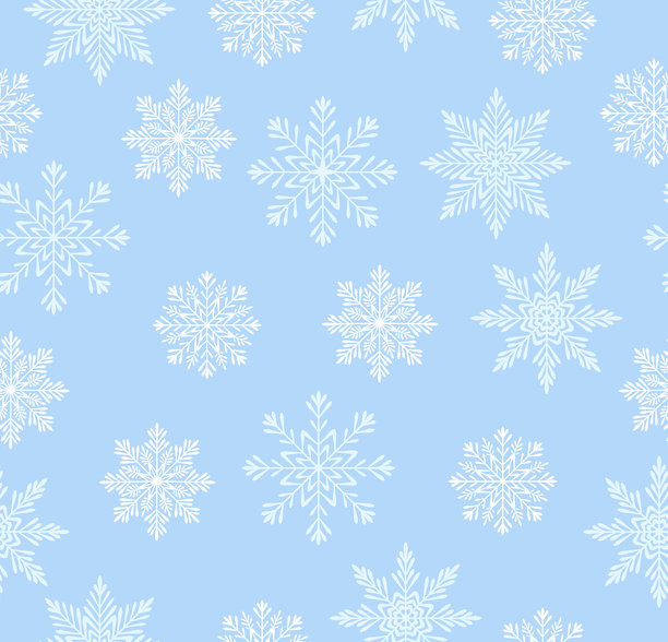 卡通风格无缝雪花图案。各种形状和大小的美丽雪花矢量图，孤立在浅蓝色背景上。包装纸。包装。假日。图片下载