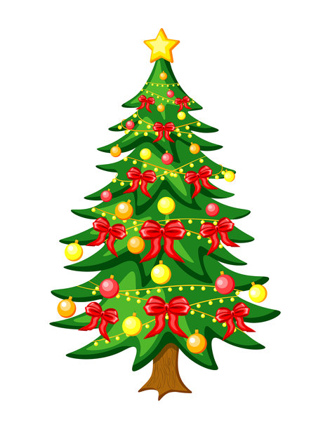 卡通风格的圣诞树。矢量插画，描绘了一棵节日气氛浓厚的圣诞树，上面装饰着雪花、彩球、闪亮的彩灯、红蝴蝶结和一颗星星，孤立在白色背景上。新年。图片下载