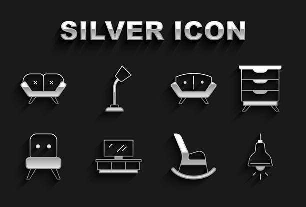 电视柜、床头柜、吊灯、摇椅、扶手椅、沙发和台灯图标，矢量图图片下载