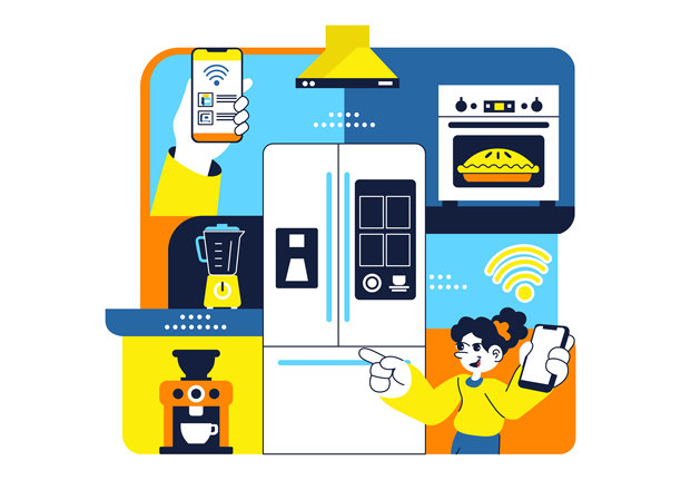 智能厨房电器插画，描绘了现代家庭中连接烹饪技术和创新数字家用设备的场景。图片下载