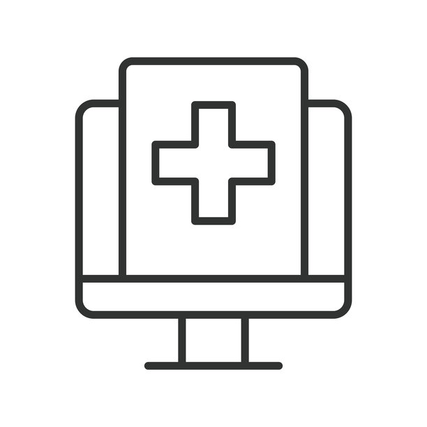 医疗信息屏幕，线条设计图标。医疗信息屏幕，数字医疗，白色背景上的显示器矢量图。医疗信息屏幕可编辑描边图标图片下载