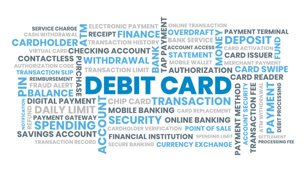 借记卡词云，电子支付与银行安全插画图片下载