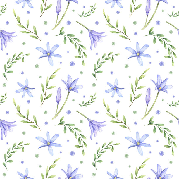 背景为孤立的蓝风信子、绿叶和蓝绿色水滴的中国水彩风格无缝图案。春季精致花卉插画，适用于婚礼文具、纺织品印花、网站背景。图片下载