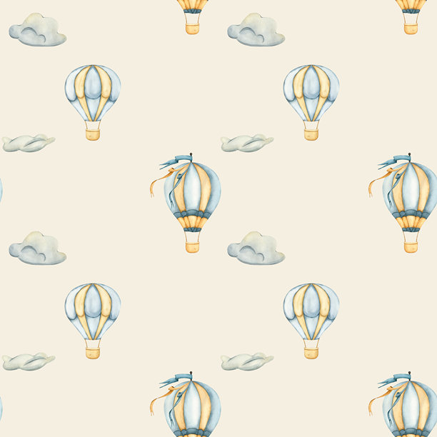 热气球无缝图案。热气球水彩插画。米色背景上的手绘水彩插画，适用于婴儿房壁纸、儿童用品、织物、包装纸图片下载