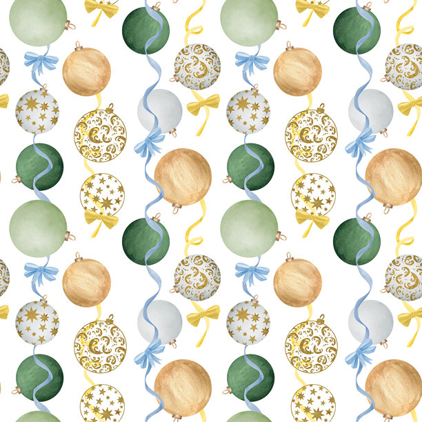 新年圣诞节无缝图案，包含白色、浅绿、深绿色、金色饰品和丝带及蝴蝶结。节日剪贴画。手绘水彩插画，适用于包装、包装纸。图片下载