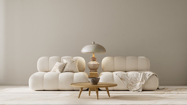 简约米色客厅，拥有大面积留白、木质点缀、柔和日光和自然纹理，风格为宁静的当代室内构图。3D插画。图片下载