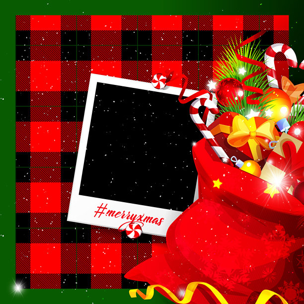 带有空白宝丽来照片和装满装饰品、礼物和糖果的圣诞老人麻袋的无缝格子背景。新年假期的矢量模板。图片下载