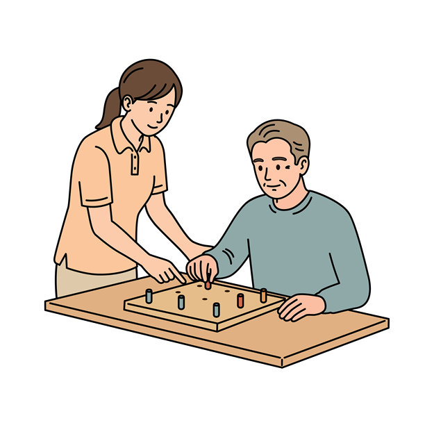 老年男性玩认知健脑游戏进行职业治疗。现代日式简约线条插画矢量图。图片下载