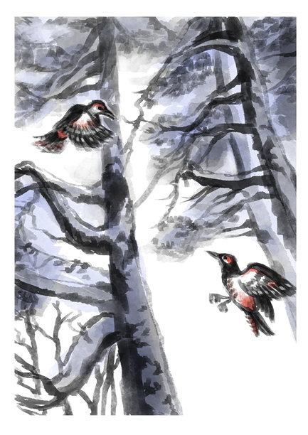 冬季森林插画 啄木鸟图片下载