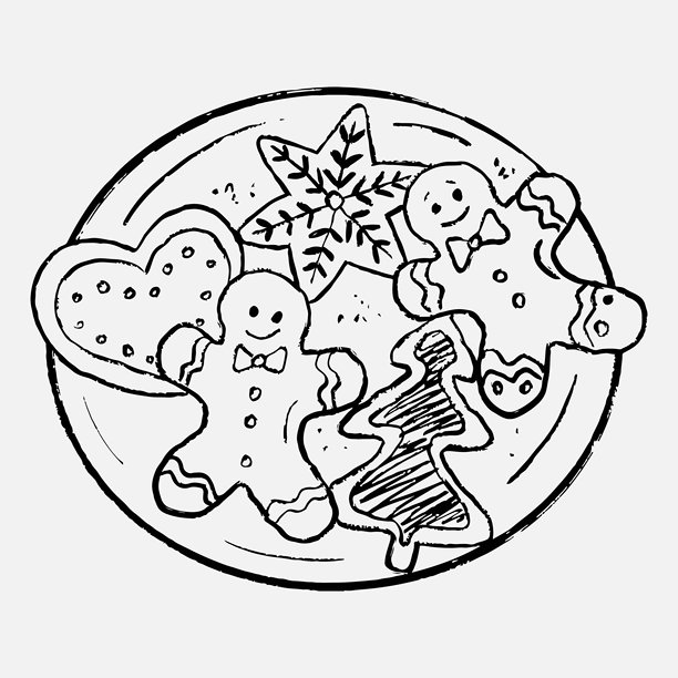 带有姜饼饼干的手绘盘子。复古蜡笔风格的矢量草图插画。姜饼人、心形、带雪花的星星和圣诞树饼干。图片下载