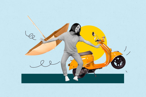 模板草图潮流艺术3D照片拼贴，包含摩托车、年轻女士站立、微笑、雨伞、飞翔、大海、休息、放松、旅程、假期图片下载