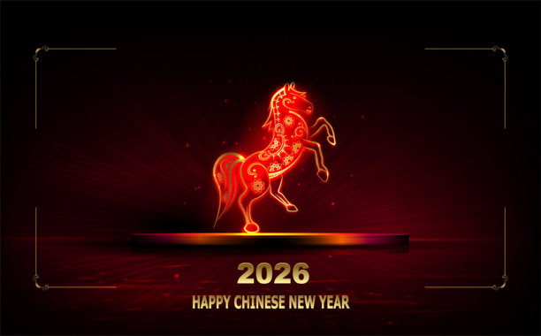 2026年春节快乐。插画，描绘了一匹金色、精美的火马站在领奖台上。图片下载