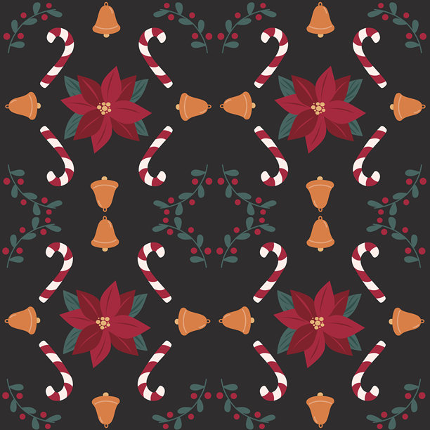 可爱的圣诞节假日手绘矢量图案背景，复古插画风格，包含红色一品红、金色铃铛、槲寄生枝和拐杖糖图片下载