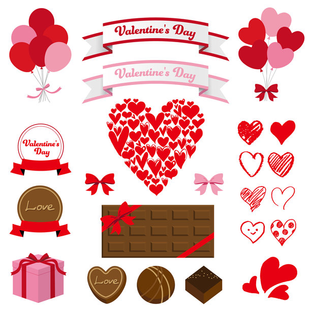 一套可爱的插画，以情人节和巧克力为主题。包含心形、巧克力、气球、丝带等元素。图片下载