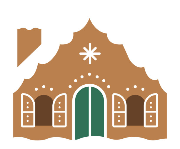 姜饼屋饼干扁平化矢量插画。带糖霜装饰的姜饼屋插画，圣诞姜饼屋剪贴画设计，孤立，透明背景。图片下载
