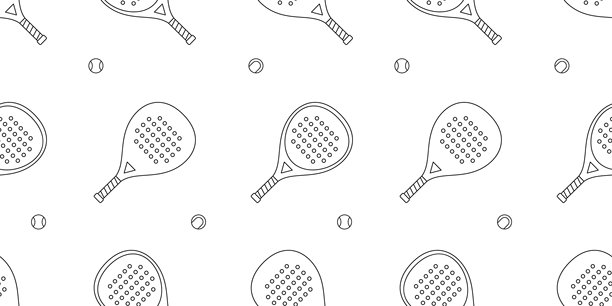 黑色和白色无缝网球拍和网球图案。网球装备重复覆盖装饰。线条艺术、墨水、极简主义。壁纸、包装纸、积极生活方式品牌。矢量插画 EPS10图片下载