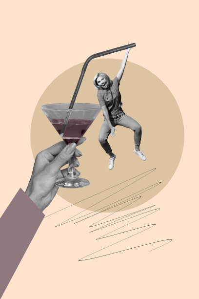 杂志风潮流照片拼贴，快乐的女孩和男孩在酒吧派对上跳舞，手持马提尼杯庆祝，享受轻松的夜晚时光图片下载